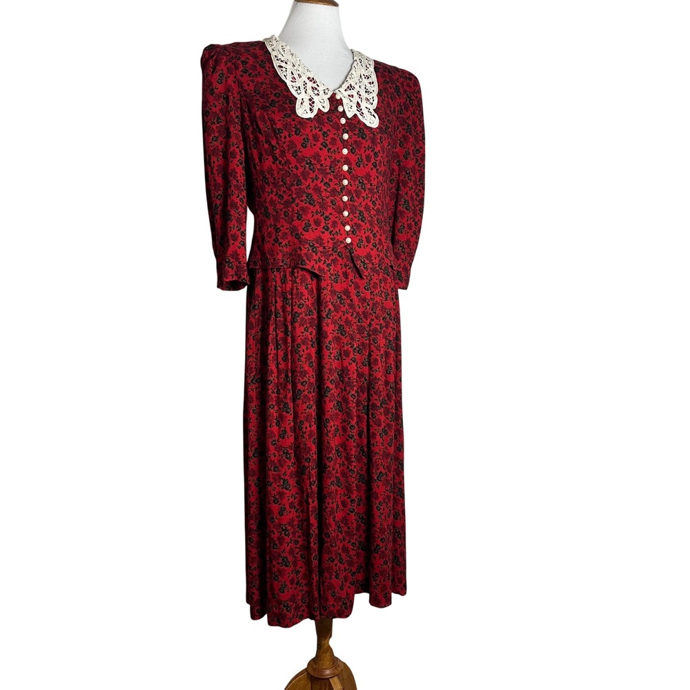 Vintage Miss Dorby Red Floral Lace Collar Midi Dress Rayon Womens 12 NWT